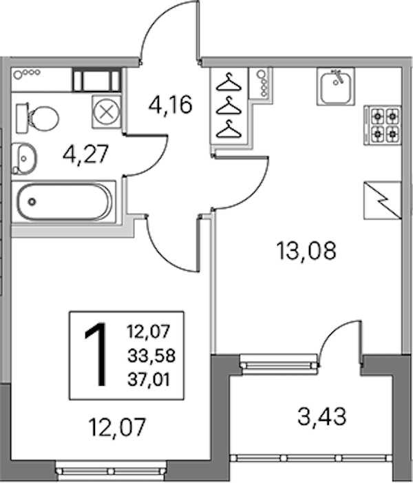 1-комнатная квартира 33.58 м², 2/5 эт., ЖК «ЮгТаун. Олимпийские кварталы»